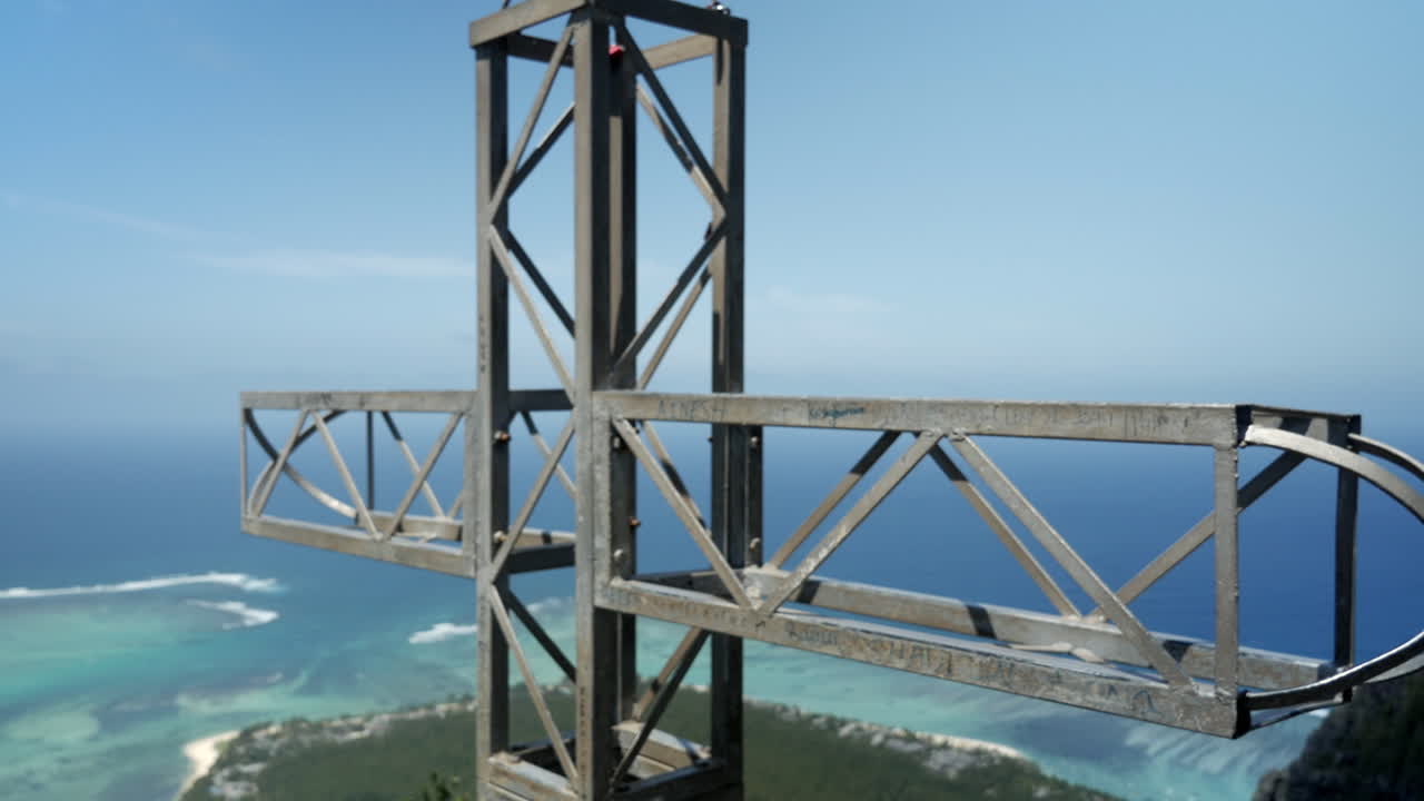 Top down view from summit cross down to the breathtaking colorful ocean landscape