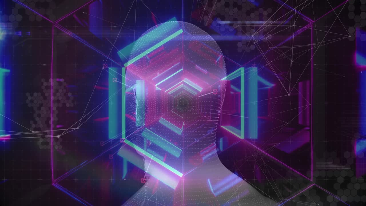 인간 얼굴 모델을 통해 연결된 네트워크는 육각형 터널을 통해 무결한 패턴으로 회전합니다.