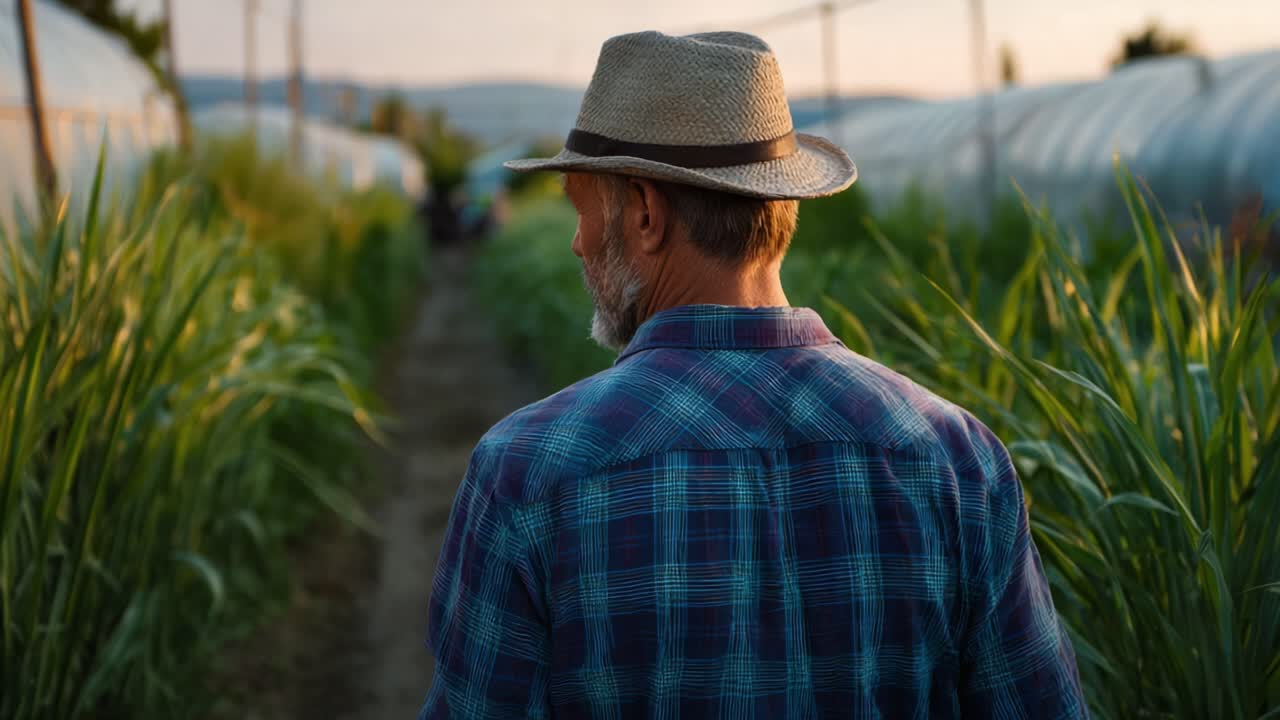 Una figura solitaria che indossa un cappello di paglia cammina lungo un sentiero verde lussureggiante, fiancheggiato da erba alta e terreni agricoli, immersa nella calda luce del tramonto.