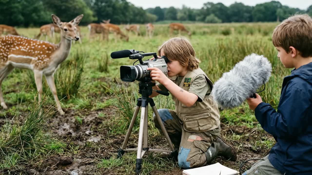 Unge drenge filmer hjorte med kamera og mikrofon i naturen