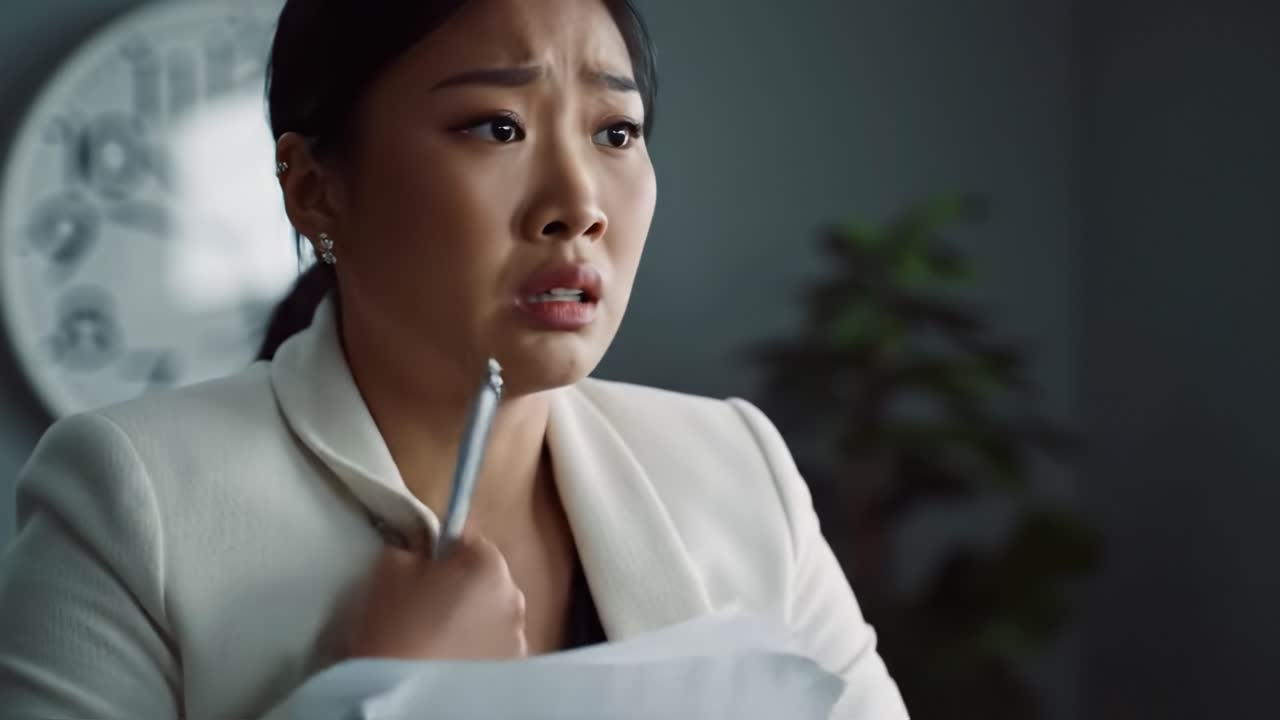 A woman appears worried as she clutches documents closely in a modern office. This moment conveys a sense of urgency and tension while a clock ticks in the background.