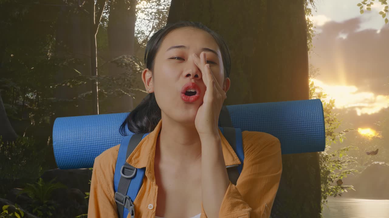 숲에서 하이킹하는 여자