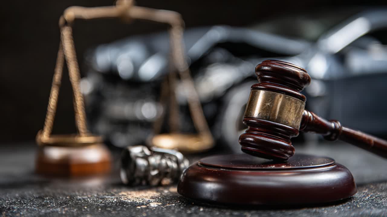Una vista ravvicinata di un martelletto e della bilancia della giustizia simboleggia la giustizia in seguito a un incidente automobilistico, riflettendo il ruolo cruciale della legge nei casi di lesioni personali