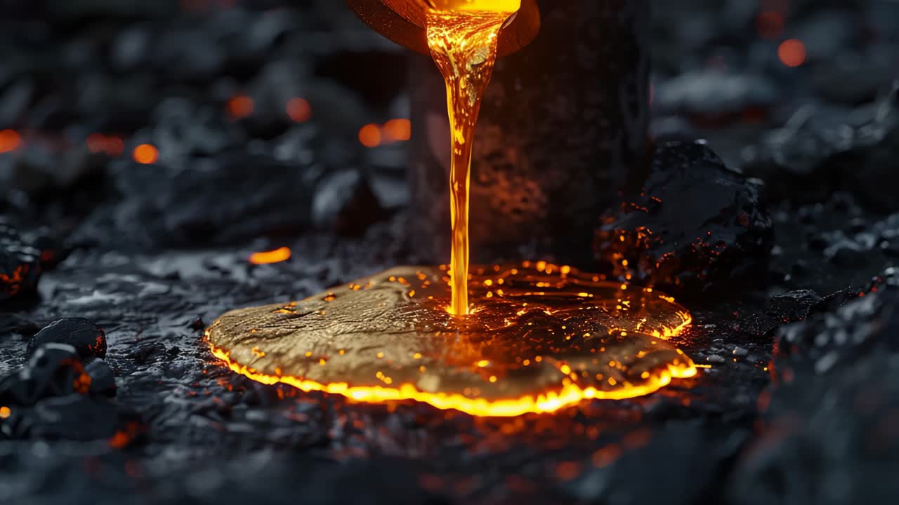 Geschmolzenes Metall fließt auf Lava