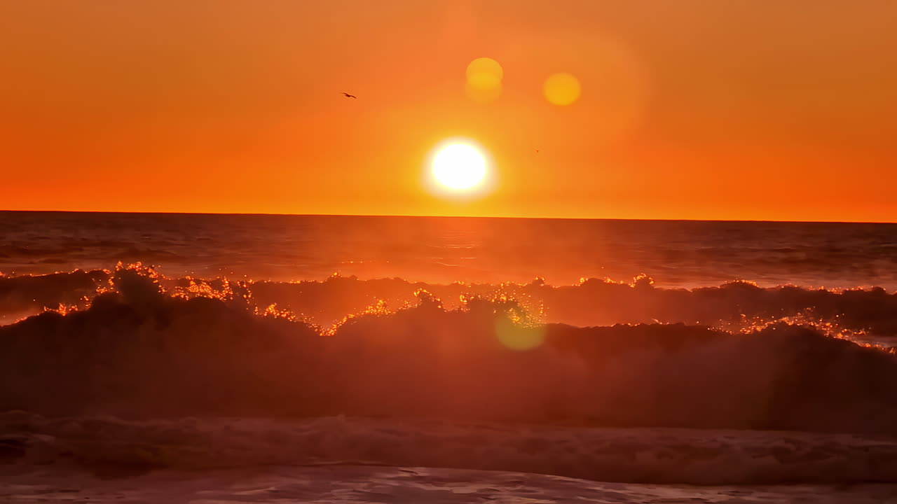 평온한 해변에서 은 해가 지는 아래 느린 움직임의 파도