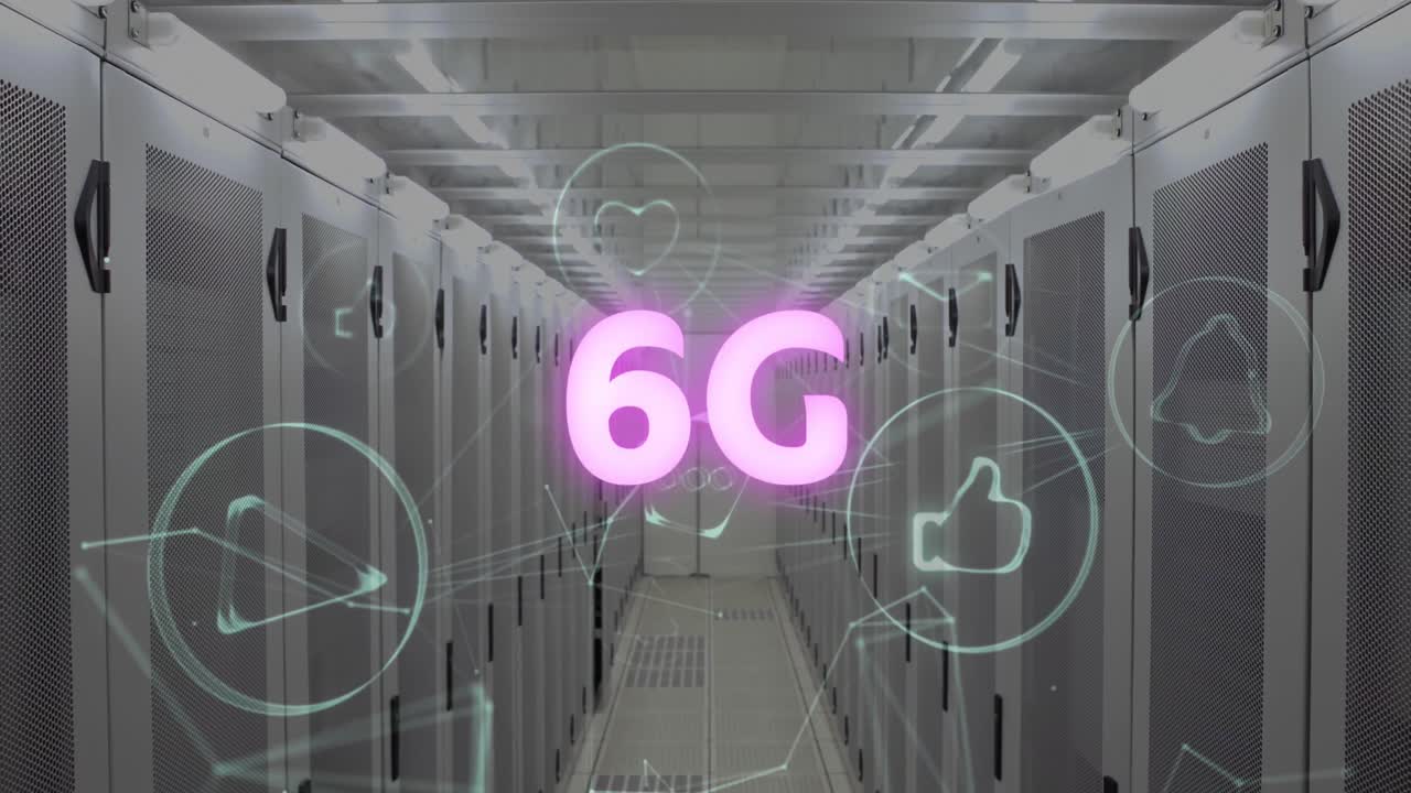 texto de neón rosa 6g y red de iconos digitales contra una sala de servidores vacía en el fondo