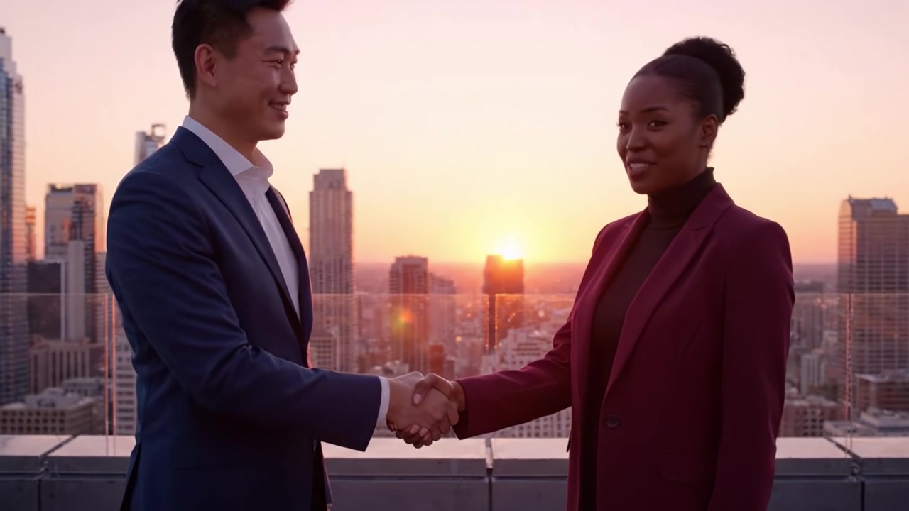 A Heartwarming Moment Between Two Individuals From Distant Backgrounds, Sharing Connection and Emotion Against a Breathtaking Sunset Cityscape