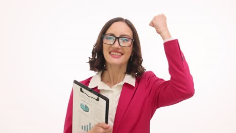 a professional woman displaying various emotions, from surprise and frustration to triumph