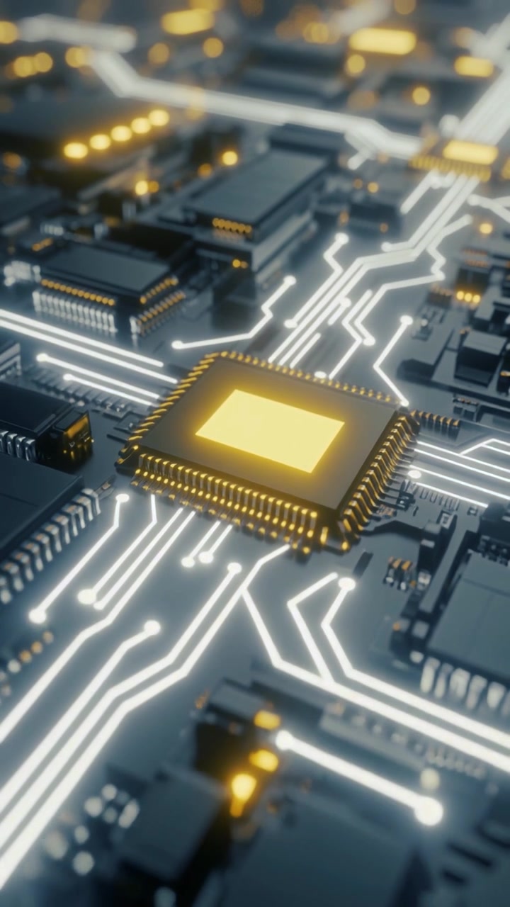 Nærbillede af glødende elektronisk printplade med central processor