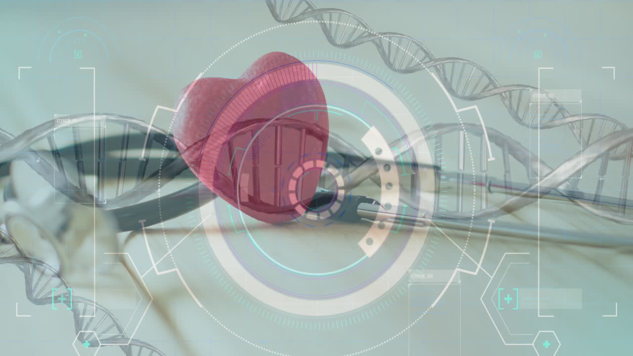 animación de cadenas de adn y escaneo de alcance sobre el estetoscopio y el corazón