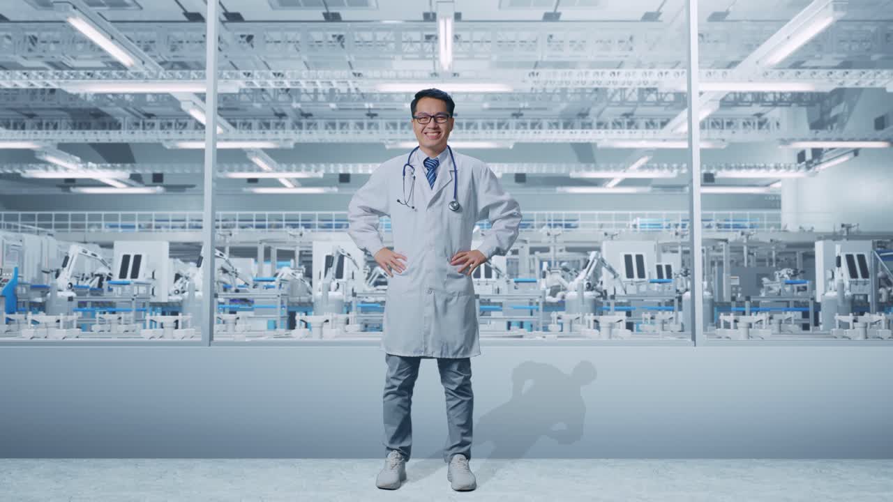 Full Body Of Asian Male Doctor With Stethoscope Putting Hands On His Hip And Smiling In Laboratory