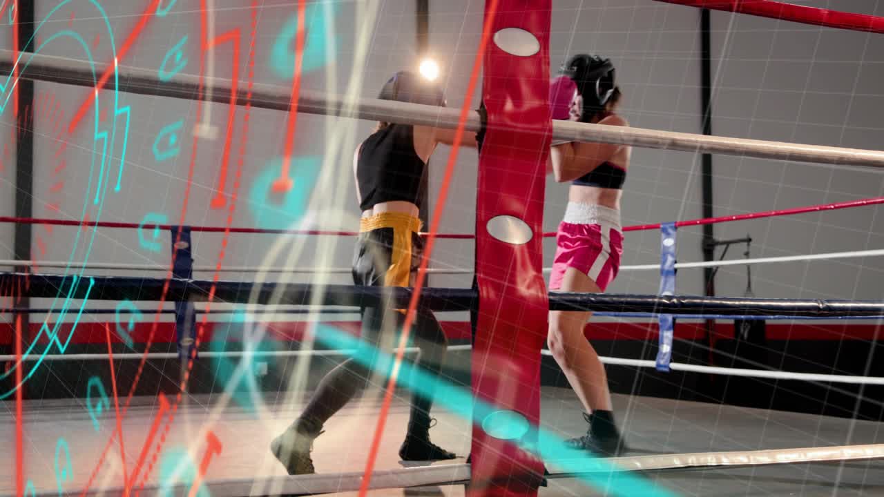 Boxers sparring in ring, opponent pushing pink over ropes, recovering, rising, neon HUD overlaying