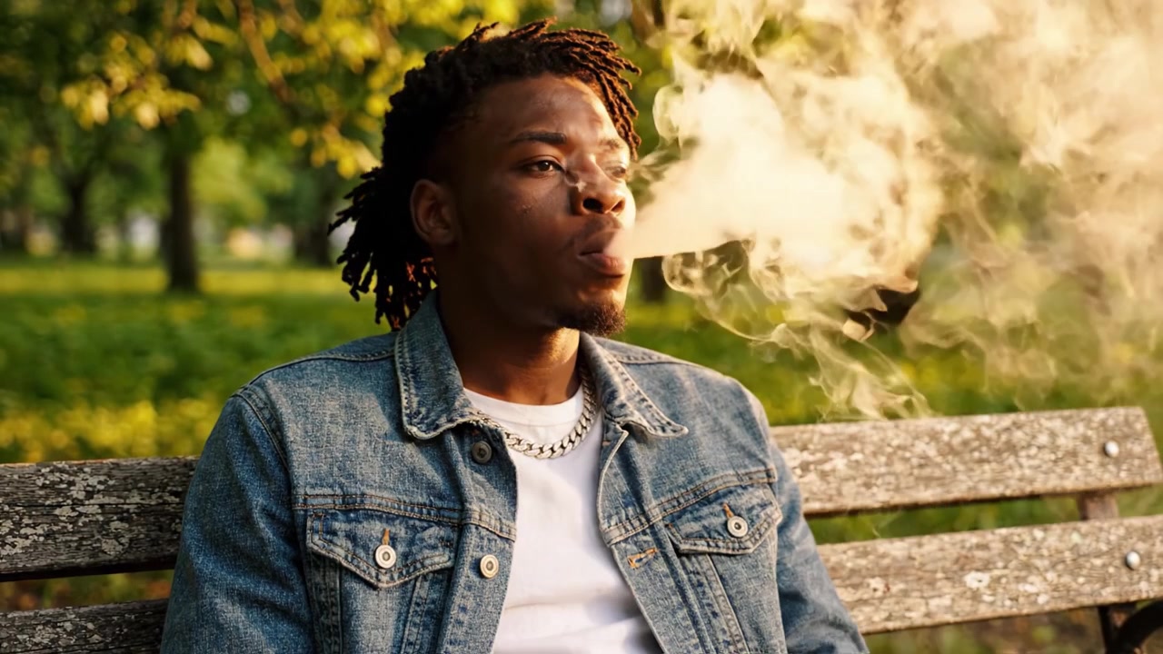 Moments contemplatifs dans la nature : Un jeune homme réfléchissant, assis sur un banc, appréciant une cigarette, entouré d'une verdure vibrante et d'une lumière douce.