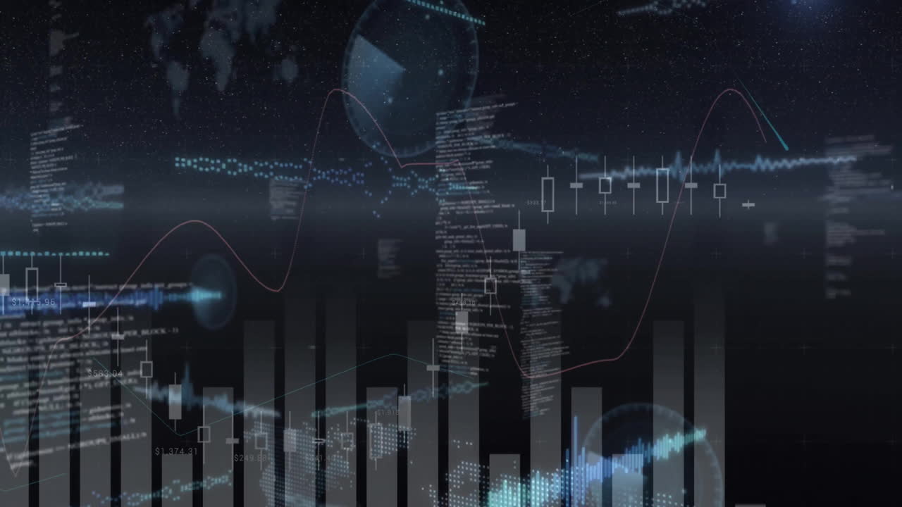 Animation of diagrams and data processing on black background