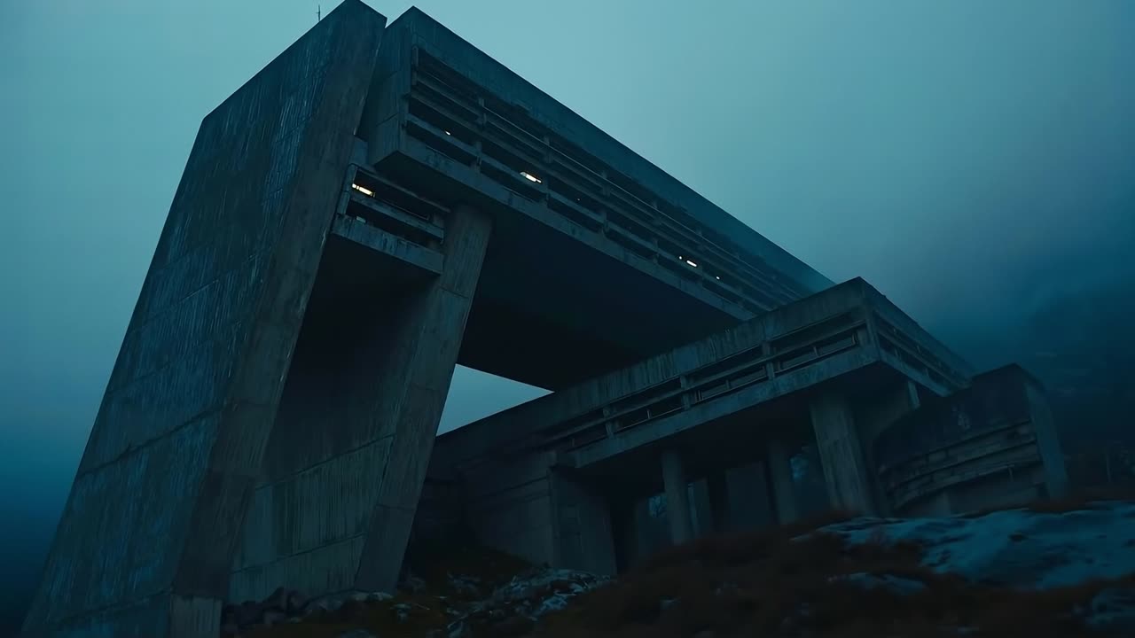 A tall building in the middle of a foggy night