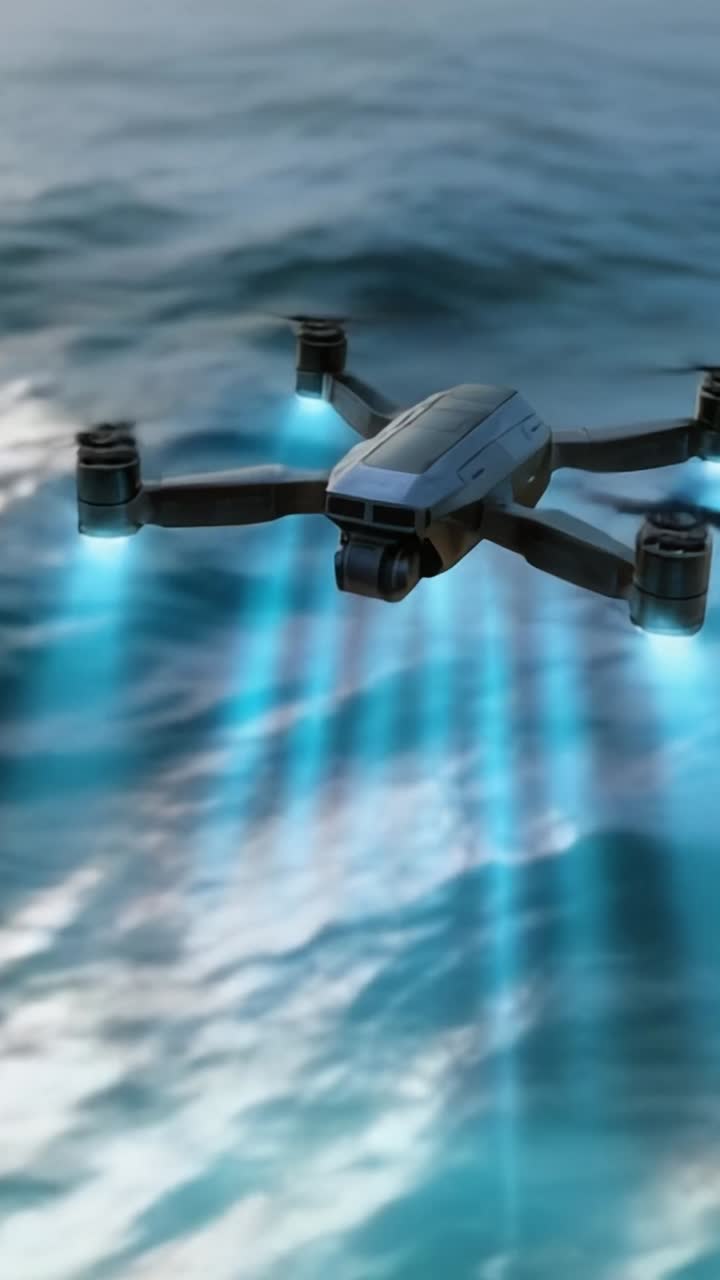 Drone aereo equipaggiato con luci LED che cattura viste mozzafiato sopra onde oceaniche scintillanti, mettendo in mostra l'innovazione tecnologica e l'esplorazione all'aperto.