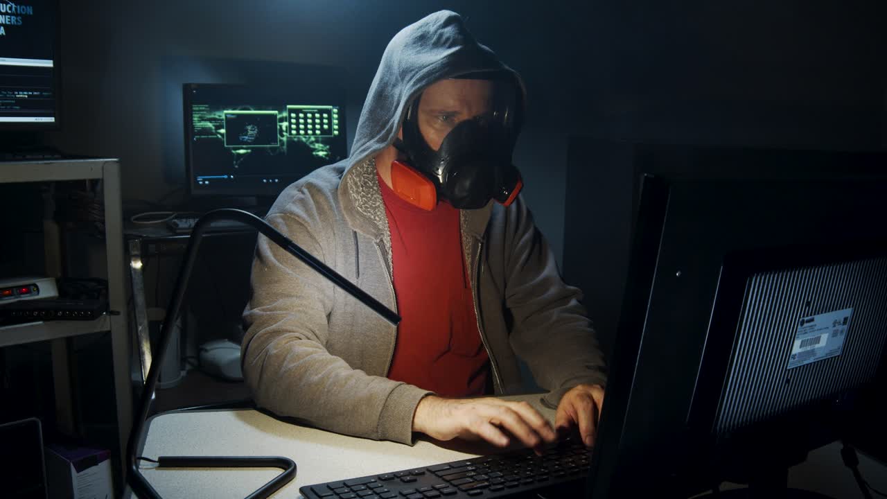 tipos de bioterroristas en código de computadora con una máscara de gas.