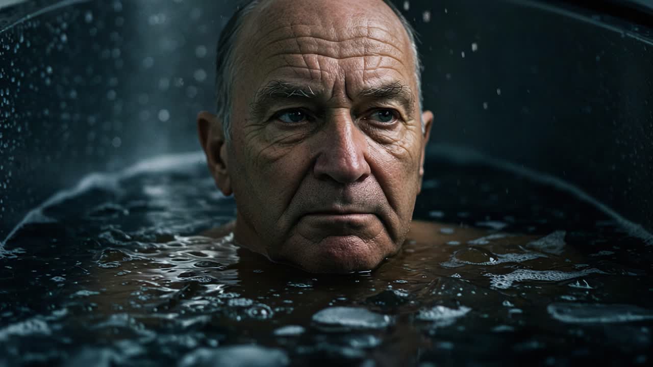 A contemplative elderly man submerged in a dark, bubbling bath, reflecting on life. The serene yet intense expression captures profound thoughts and memories in this tranquil moment
