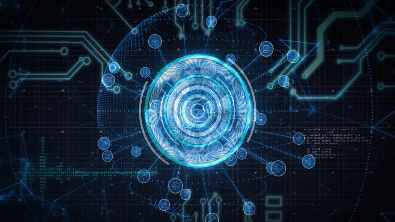 Animation of glowing blue circular patterns and data connections in futuristic design