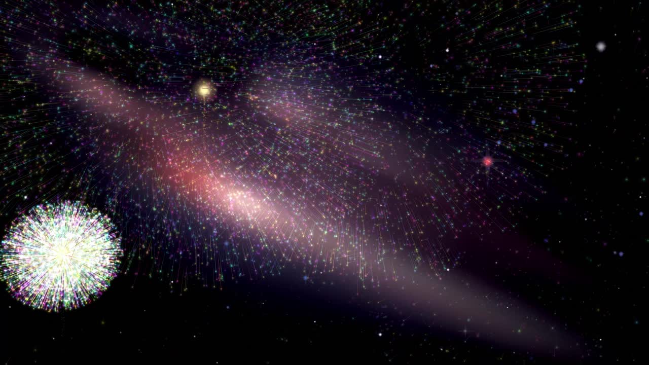 Vibrant multi-colored fireworks burst across a dark cosmic background with a glowing purple nebula