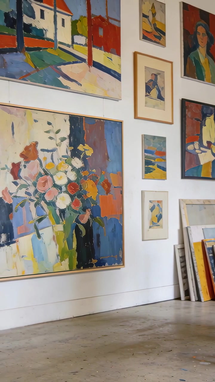 Vertikální video: Skenující kamera začíná panorámovat doleva po stěně galerie, odhalující centrální květinové plátno.