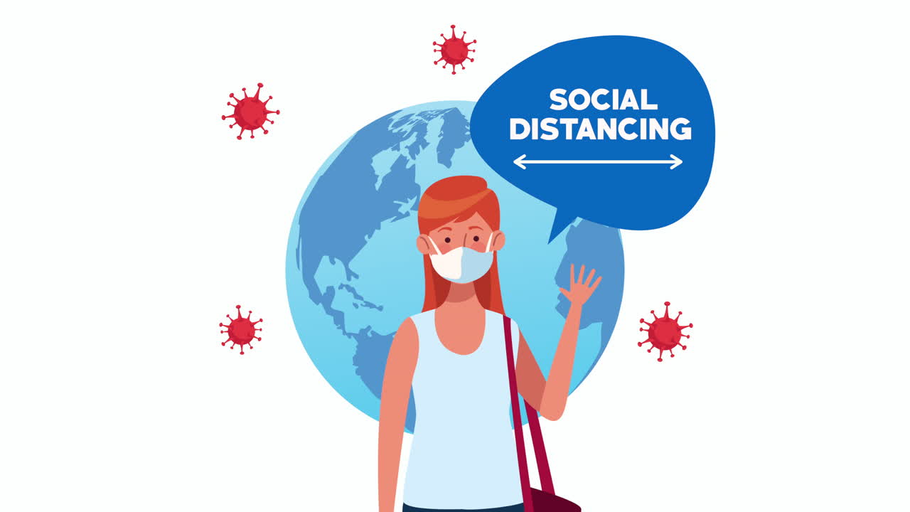 social distancing campaign with woman using face mask and earth planet