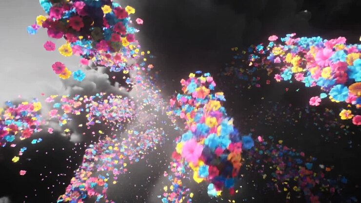 Esplosione centrale eruttiva che spinge grappoli di petali multicolori verso l'esterno da una nuvola scura in un cielo tempestoso.