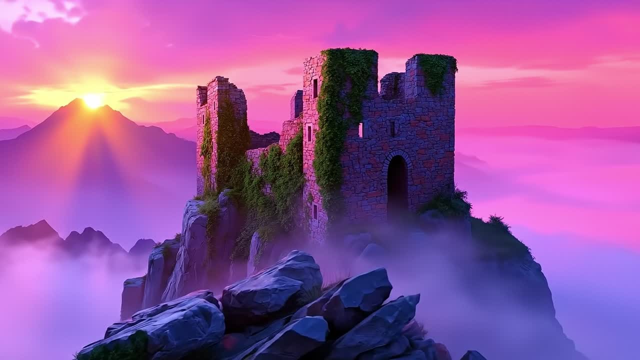 A castle on top of a mountain in the middle of a foggy landscape