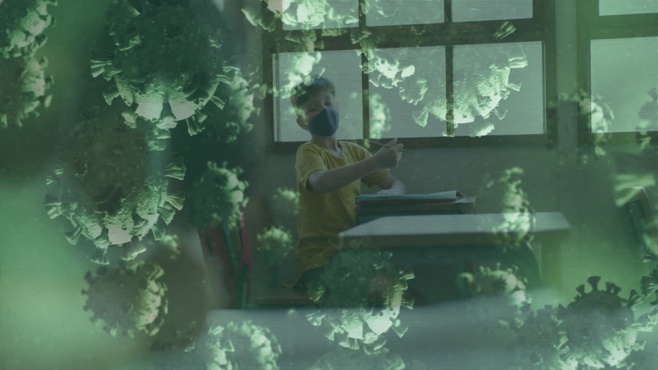 학교에서 얼굴 마스크를 입은 학교생을 대상으로 코로나19 세포의 애니메이션