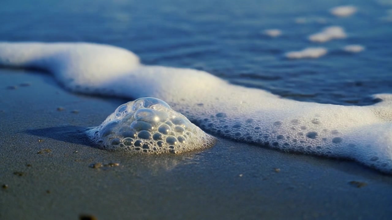 Sea Foam Bubbles Resting on Sandy Beach Shoreline