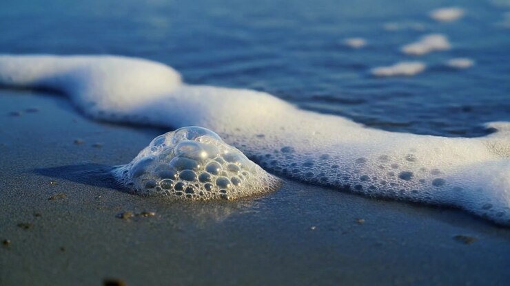 Sea Foam Bubbles Resting on Sandy Beach Shoreline