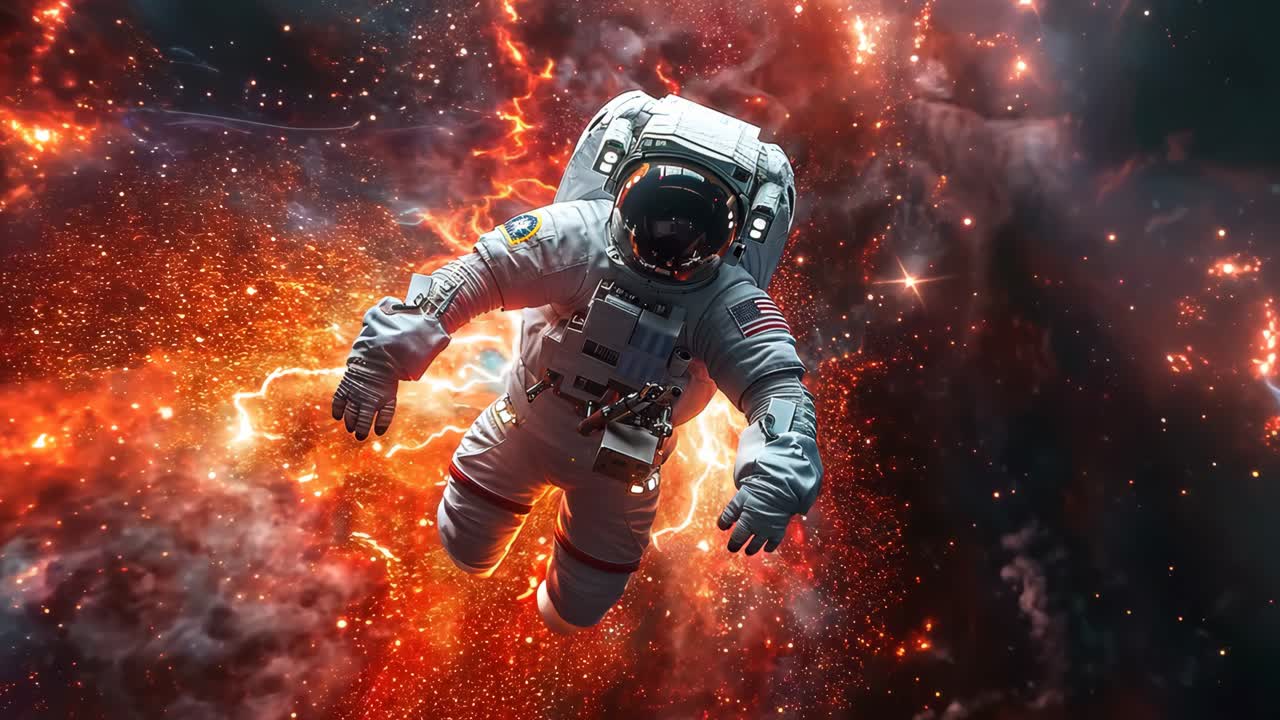 A man in a spacesuit is flying through a fiery cloud. Concept of danger and adventure, as the astronaut navigates through the intense heat and flames
