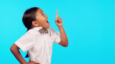 Hand-pointing,-wow-and-girl-kid-in-studio