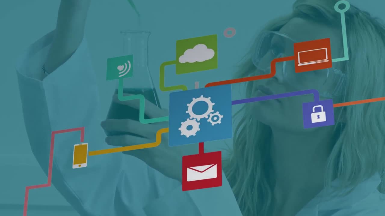 animación de iconos de la tecnología sobre una trabajadora de laboratorio caucásica