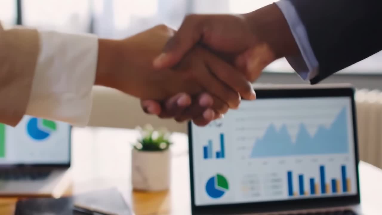 Video empresarial con un primer plano de un apretón de manos frente a ordenadores portátiles mostrando gráficos.