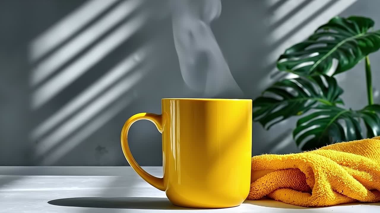 A yellow mug sitting on top of a table next to a plant