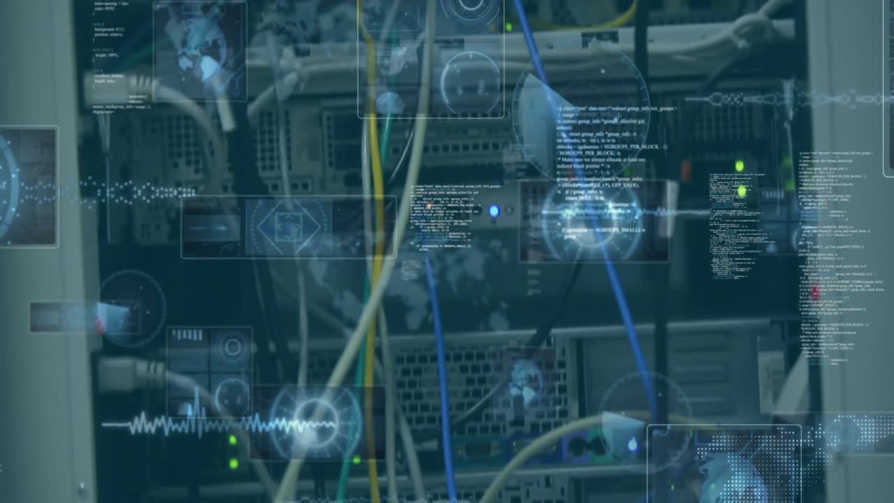 Animation of data processing and binary coding against close up of computer server