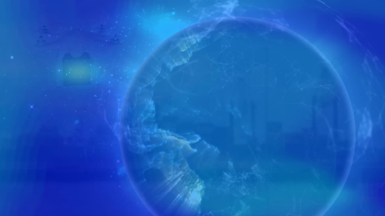 파란색 배경을 배경으로 회전하는 지구 위의 빛의 흔적의 디지털 애니메이션