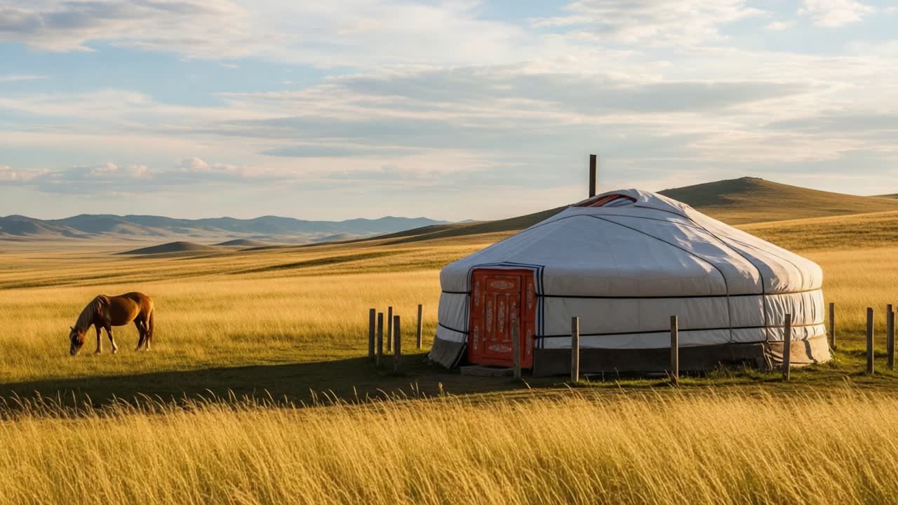 A Serene Landscape Featuring a Traditional Yurt and a Grazing Horse in a Golden Field at Dusk, Capturing the Tranquility of Rural Life Against a Stunning Sky