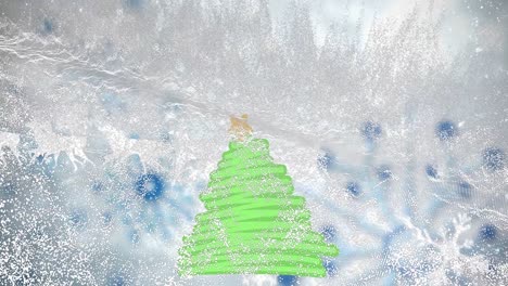 Animation-of-christmas-tree,-snow-falling-over-santa-claus-in-sleigh-with-reindeer