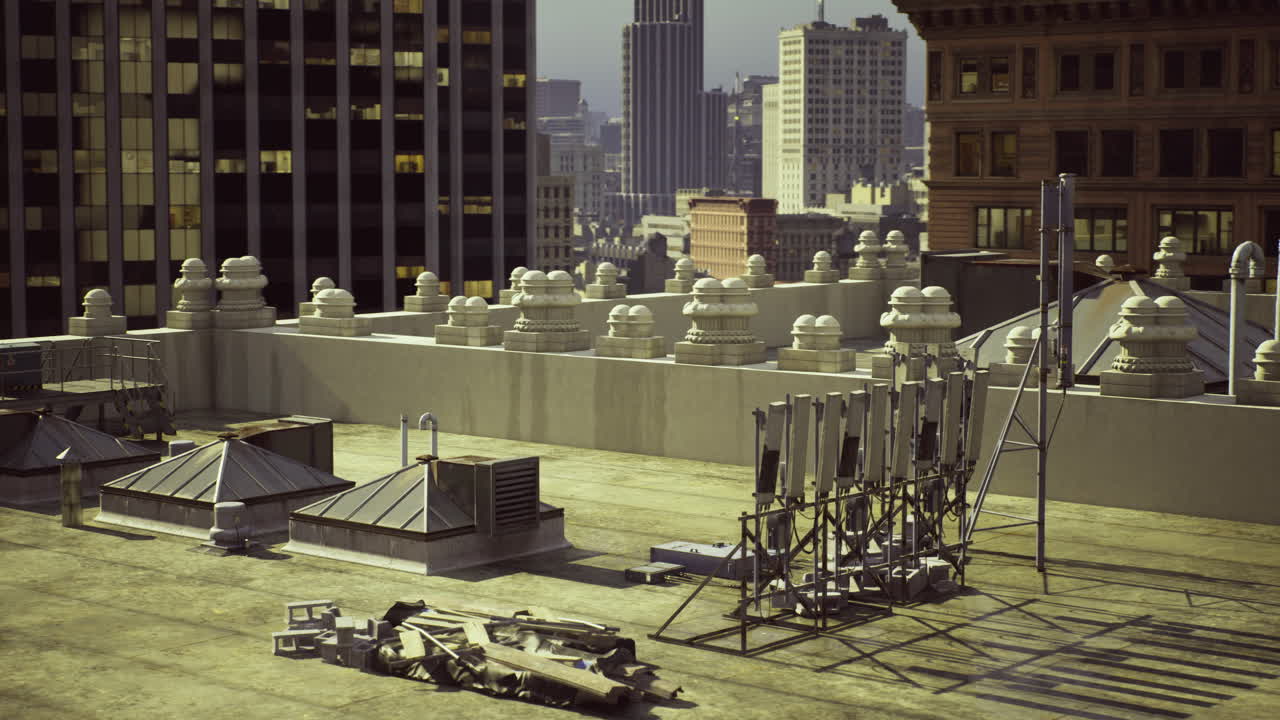 Urban rooftop activity showcases telecommunications equipment in vibrant city