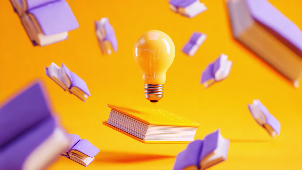 A Creative Concept Showcasing an Illuminated Light Bulb Surrounded by Floating Books on a Bright Orange Background, Symbolizing Knowledge and Inspiration in Learning