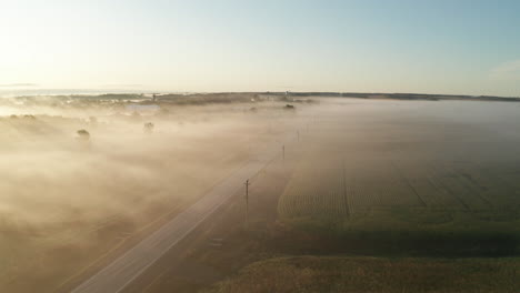 cars drive on a rural highway with a blanket of low morning fog on the landscape