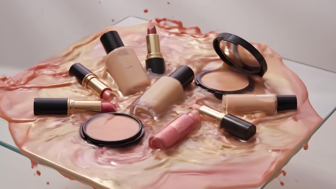Prodotti make-up che si immergono nel fondotinta liquido rosa