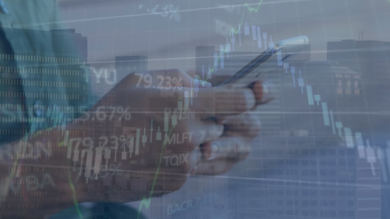 animazione dell'elaborazione dei dati finanziari su uomini che utilizzano smartphone