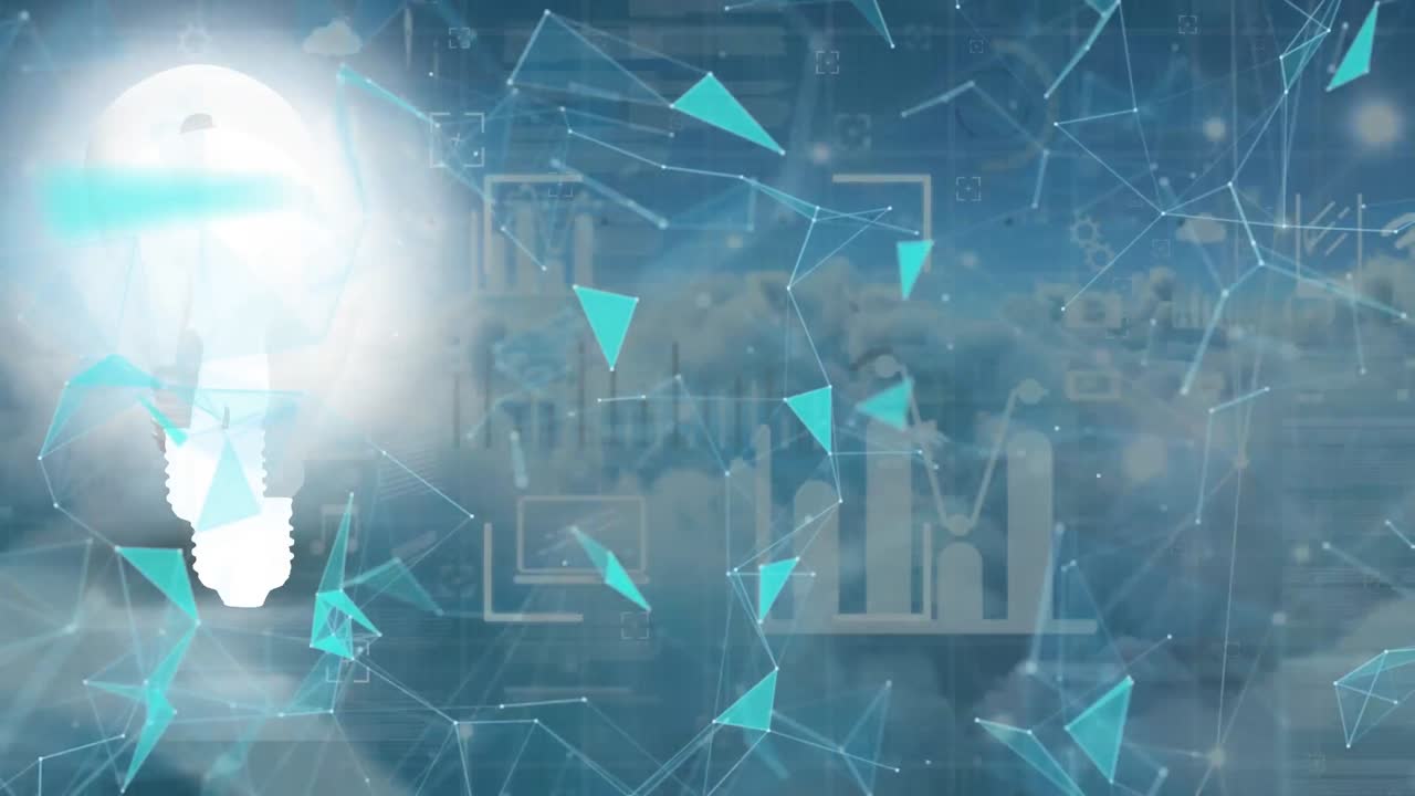 파란색 디지털 공간에서 움직이는 전구, 다양한 모양 및 데이터의 애니메이션