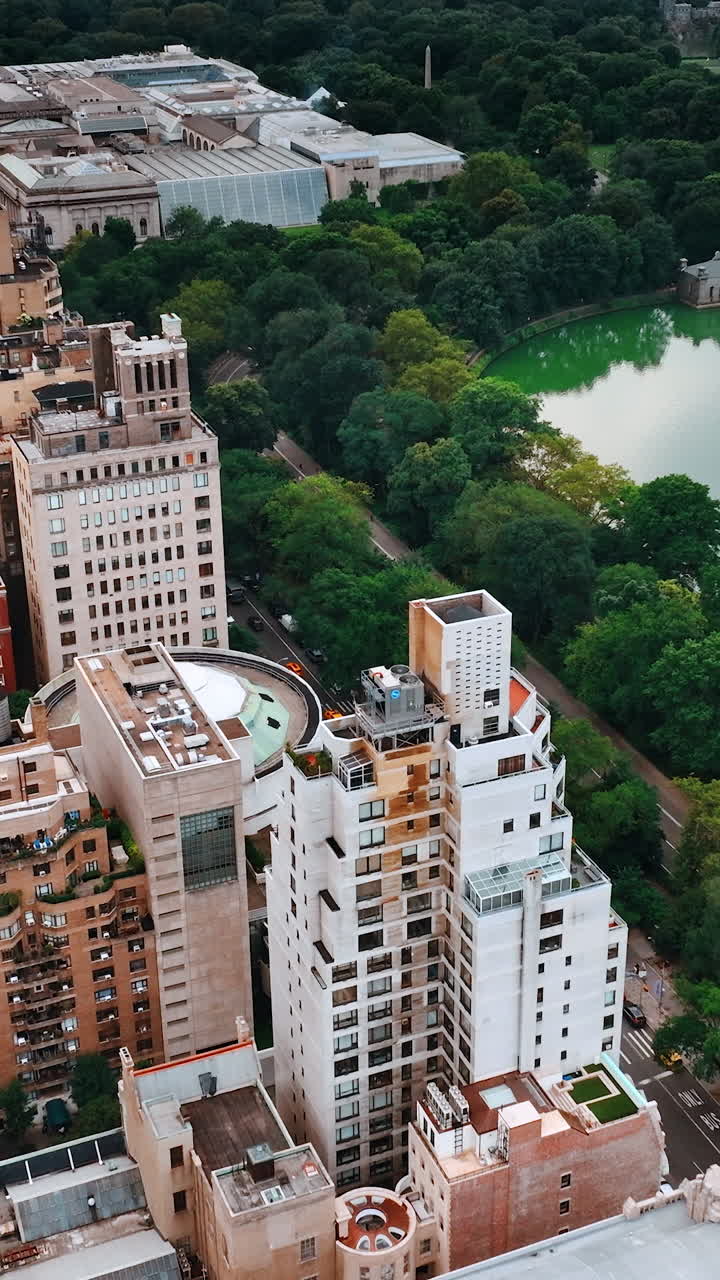 Densely built neighborhood near the Central Park in New York. Urban landscape contrasting with greenery of nature. Top view. Vertical video