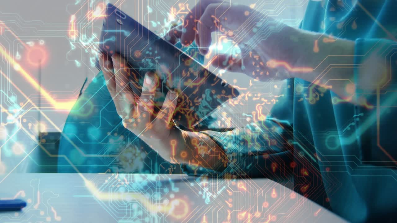 Male clinician tapping and tilting tablet while circuitry overlay pulsing, updating patient records