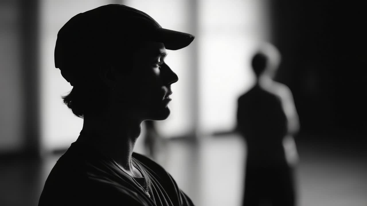 Uma silhueta ponderada: capturando momentos contemplativos em preto e branco com sombras e figuras turvas no plano de fundo, criando um abraço artístico
