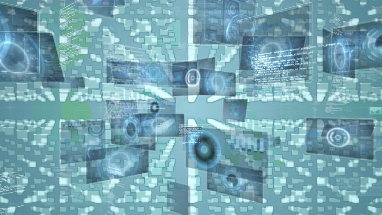 animación del procesamiento de datos y los iconos de archivo en fondo azul